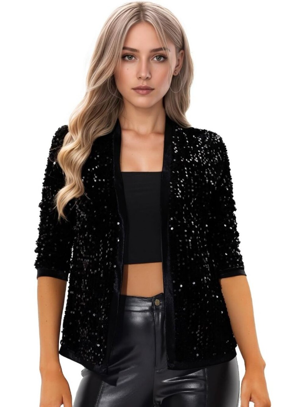 Sparkly Sequin Open Front Cardigan - 3/4 Sleeve Velvet Blazer for Parties